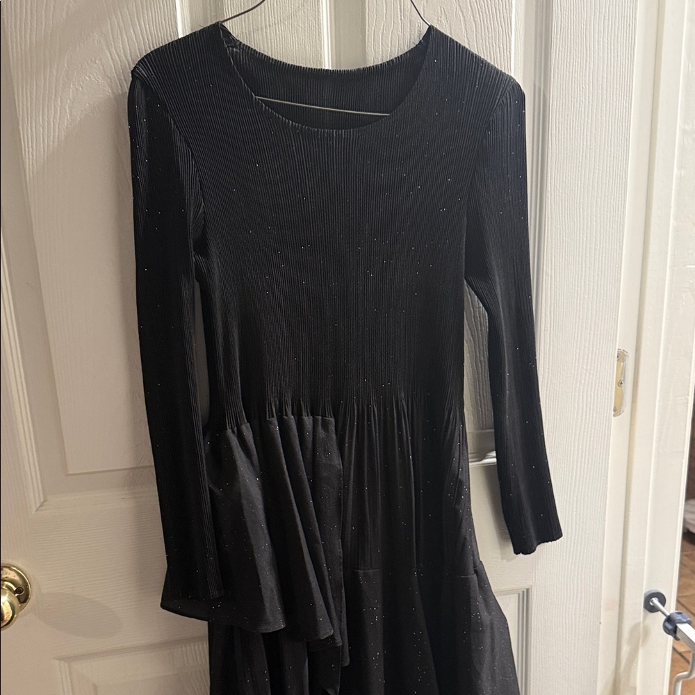 Black Long-Sleeve Sparkle Peplum Midi Dress